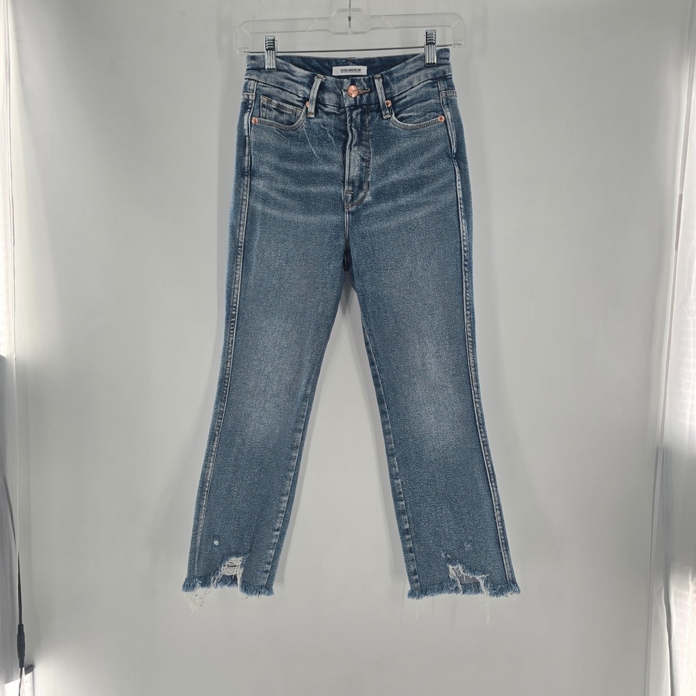 Good American Jeans Womens 2/26 Light Wash Mid Rise Straight Distressed Raw Hem